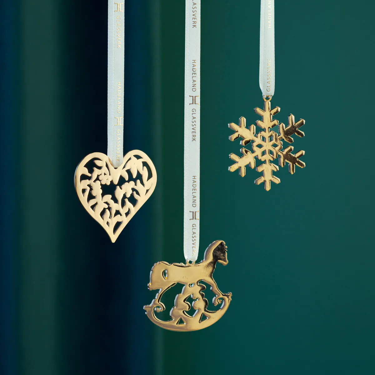 Juletrepynt Gull 3 pk – Hjerte, Snøfnugg og Gyngehest