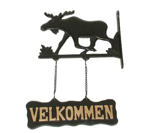 Hovedbilde Velkommenskilt med elgmotiv hengende støpejern