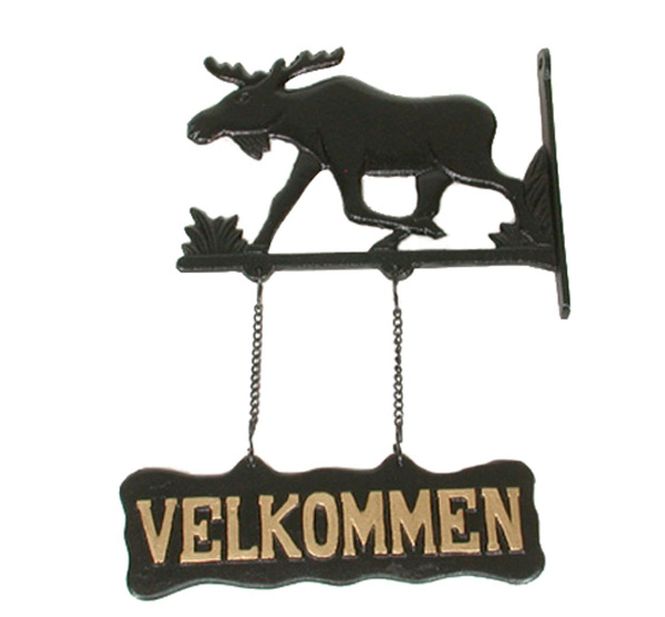 Hovedbilde Velkommenskilt med elgmotiv hengende støpejern